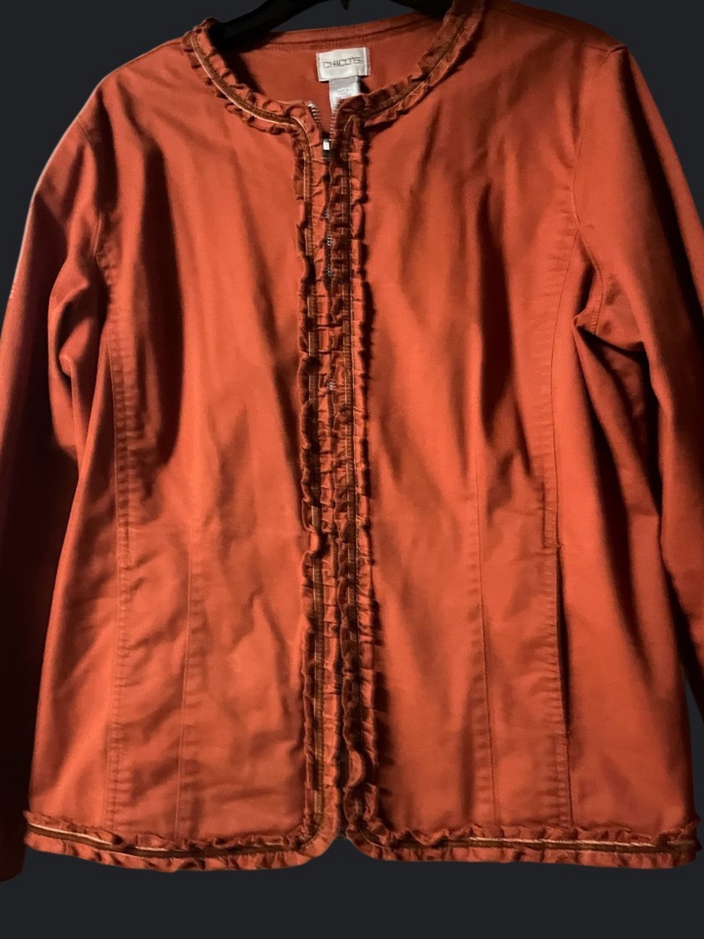 Chico's Rust Orange Ruffled-Trim Collarless Jacket